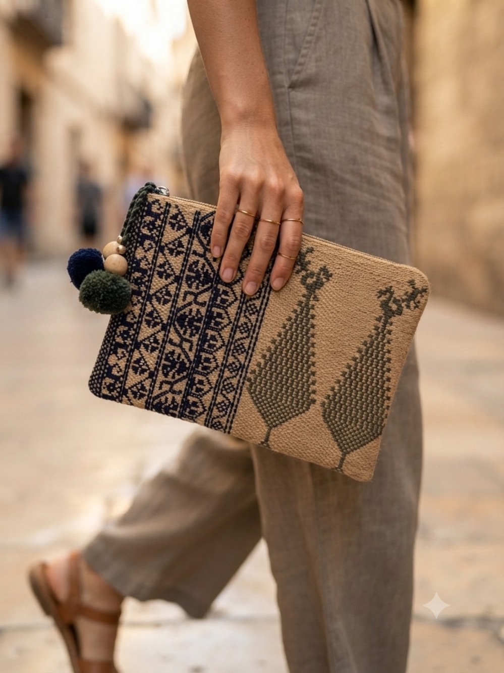 Star Mela Beige Woven Clutch with Navy Geometric Pattern & Pom-Pom
